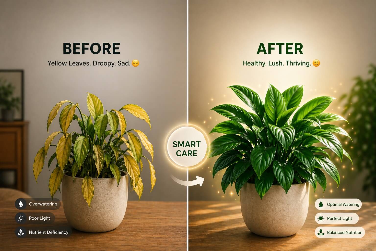 Before and after comparison of plant care guidance in KnowYourPlant