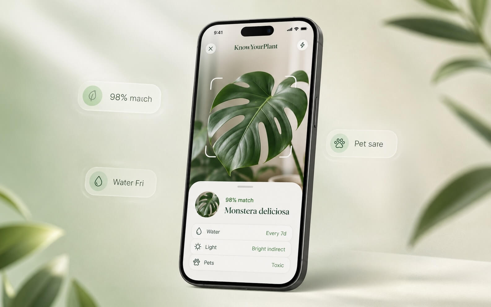 KnowYourPlant identifying a Monstera plant from a phone camera